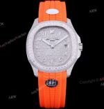 SF Factory Replica Patek Philippe Aquanaut Iced Out Watch Orange Rubber Strap  